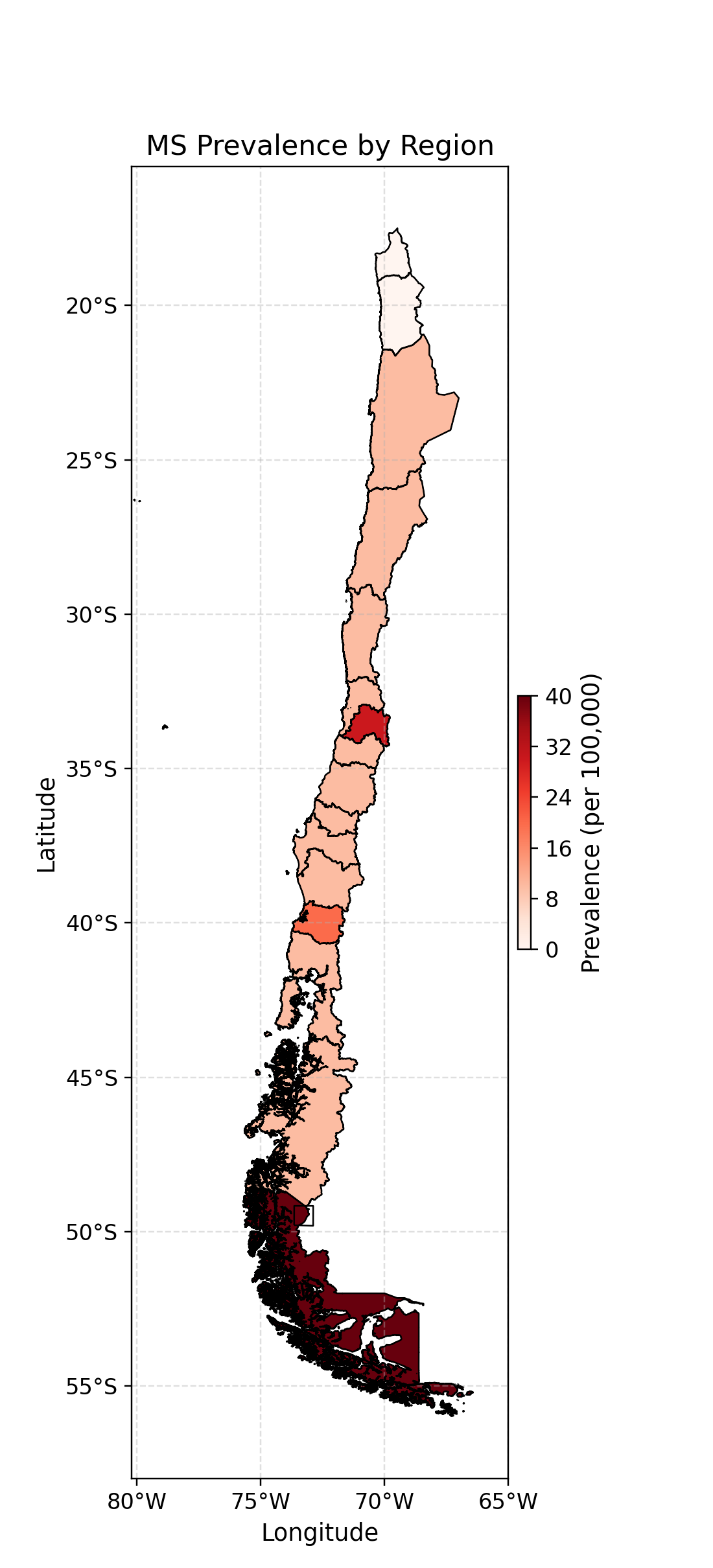 Mapa de Chile con la prevalencia cruda registrada de esclerosis múltiple por región en 2023